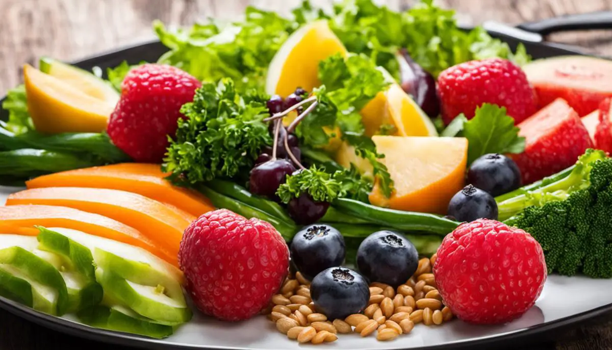 A plate with a balanced meal consisting of fruits, vegetables, grains, and protein.