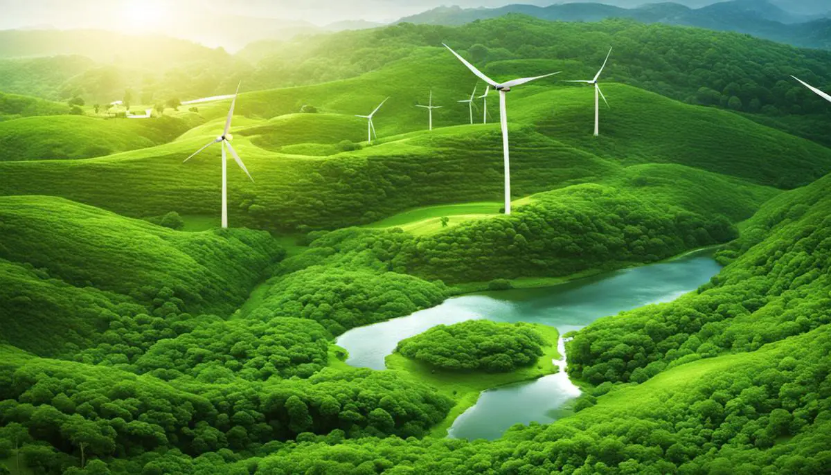 An image depicting a clean and sustainable environment with lush greenery and renewable energy sources.