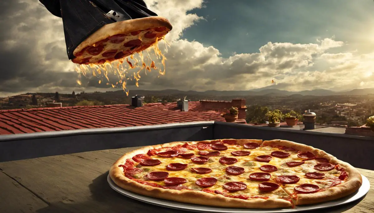 An image of a pizza being tossed onto a roof to represent the famous pizza toss scene in Breaking Bad.