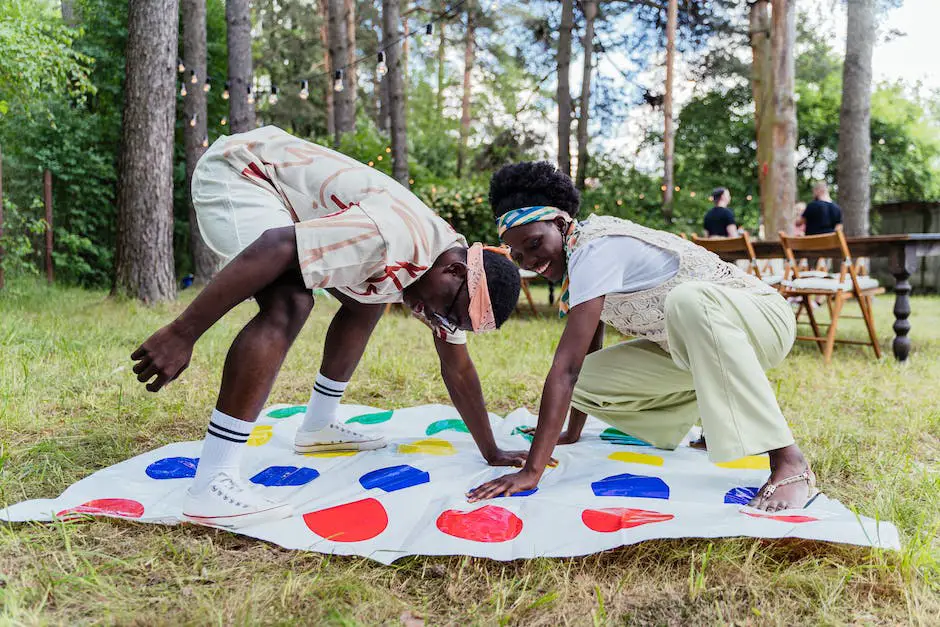 A group of friends playing Lawn Twister in a sunny backyard
